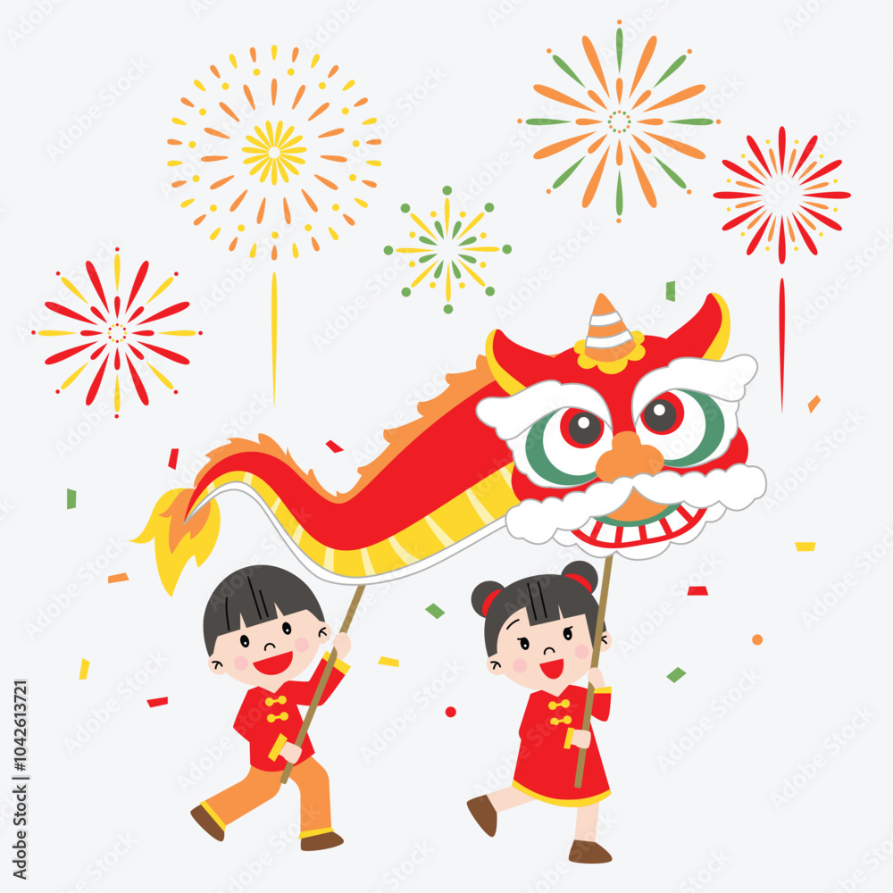 Naklejka premium Chinese Lunar New Year decorative children illustration lion dance dragon with fireworks festival cute drawing