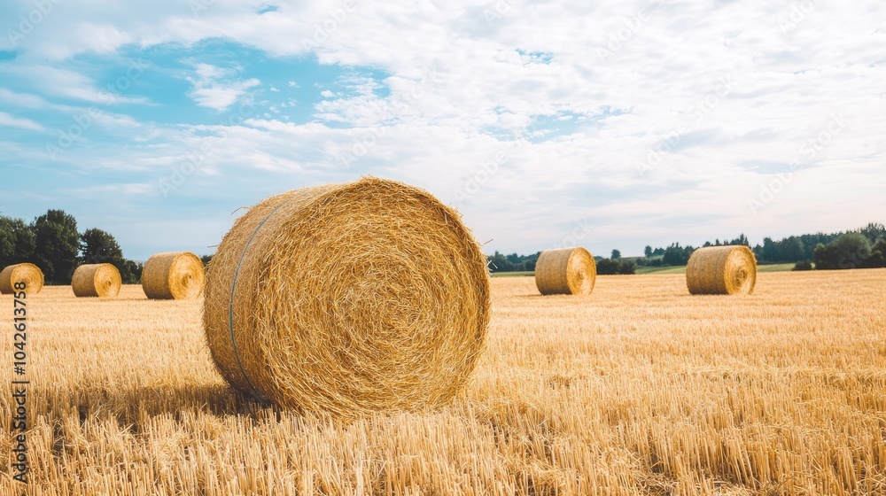 Bright golden hay bales in a freshly harvested field on a warm summer day, representing rural life and farming harvests. Bright golden hay bales in a freshly harvested field on a warm summer day, representing rural life and farming harvests.
