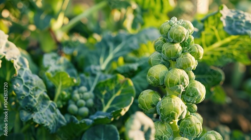 Fresh Brussels Sprouts in a Garden