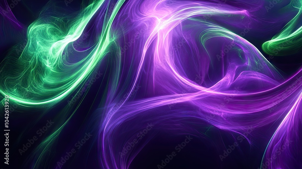 Fototapeta premium Bright, swirling lines of neon purple and green light form an abstract background, providing a lively and visually striking design.