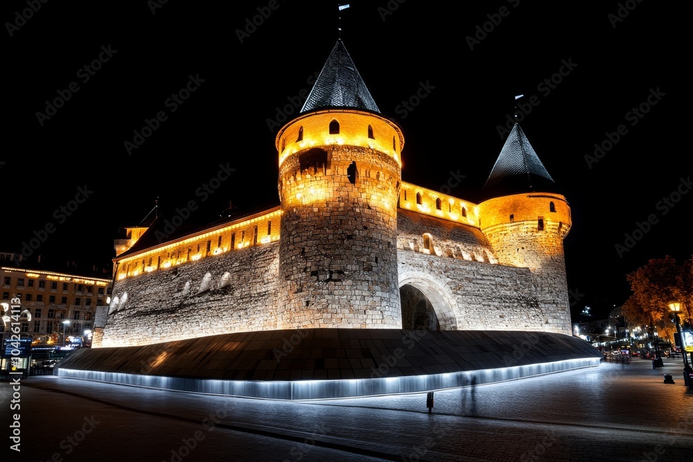 Fototapeta premium Gothic-style depiction of Krasiczyn Castle at night, with dramatic lighting casting long shadows over its stone towers and arches