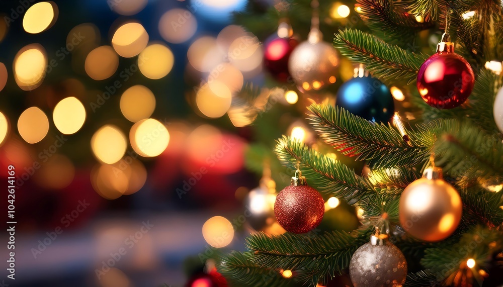 A close up view of a beautifully decorated Christmas tree with vibrant baubles illuminated by soft golden lights. Generative AI A close up view of a beautifully decorated Christmas tree with vibrant baubles illuminated by soft golden lights. Generative AI