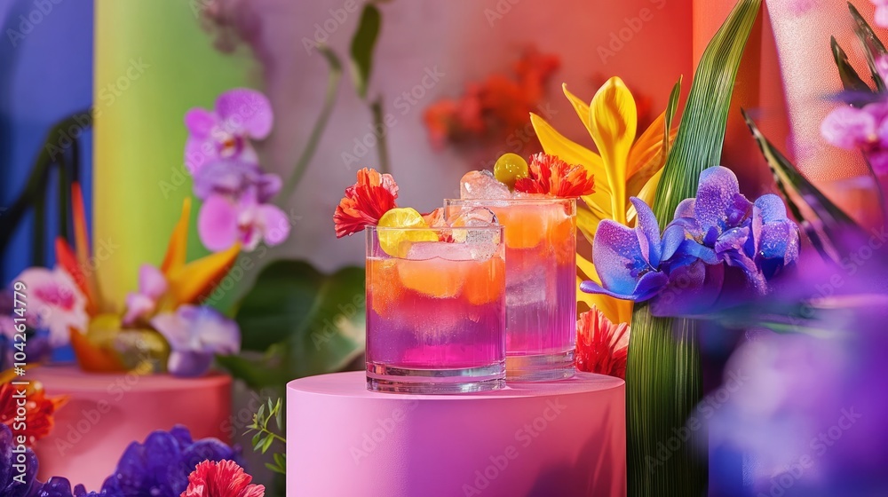 Vibrant Cocktails Surrounded by Colorful Flowers Vibrant Cocktails Surrounded by Colorful Flowers