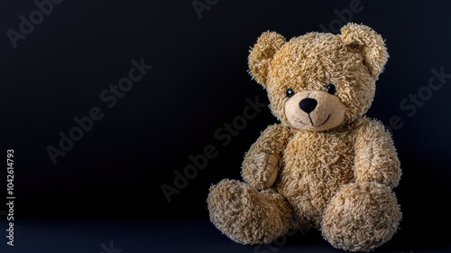 A plush teddy bear sits against a dark background, evoking comfort and nostalgia.
