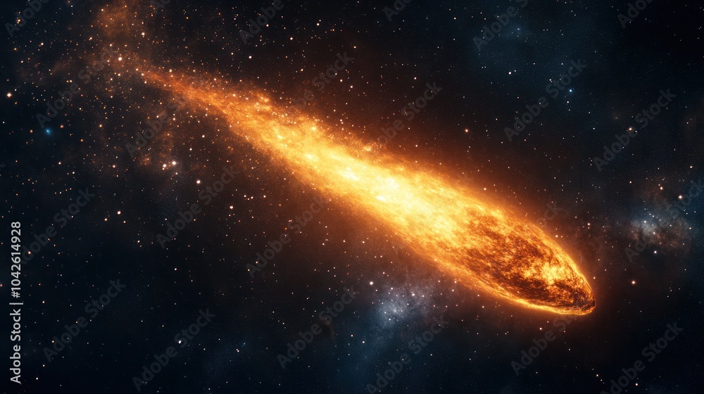 A glowing comet shines brightly in the dark night sky. Fiery details of the comet's tail. A crisp and vibrant starry background. A realistic space atmosphere. A glowing comet shines brightly in the dark night sky. Fiery details of the comet's tail. A crisp and vibrant starry background. A realistic space atmosphere.