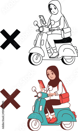 Young Girl Playing with Hand Phone while Riding Scooter Carelessly