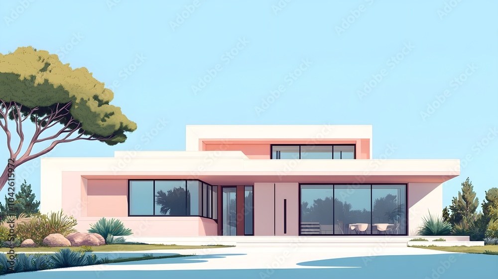 Modern Pink and White House with Glass Doors and Windows Modern Pink and White House with Glass Doors and Windows