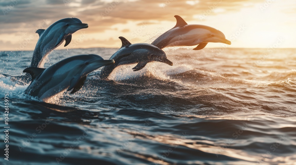 Fototapeta premium Dolphins leaping over ocean waves during a sunset, showcasing their playful nature.
