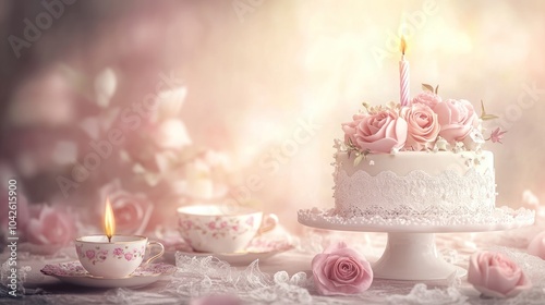 A beautifully decorated cake with roses and candles, set with elegant teacups.