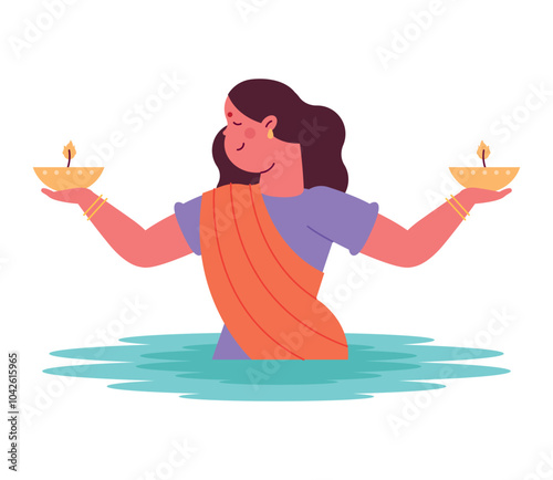 hindu woman with candles for chhath puja