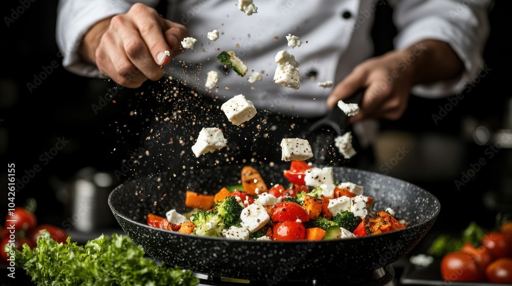 A chef sprinkles feta cheese over a colorful vegetable stir-fry in a skillet. A chef sprinkles feta cheese over a colorful vegetable stir-fry in a skillet.