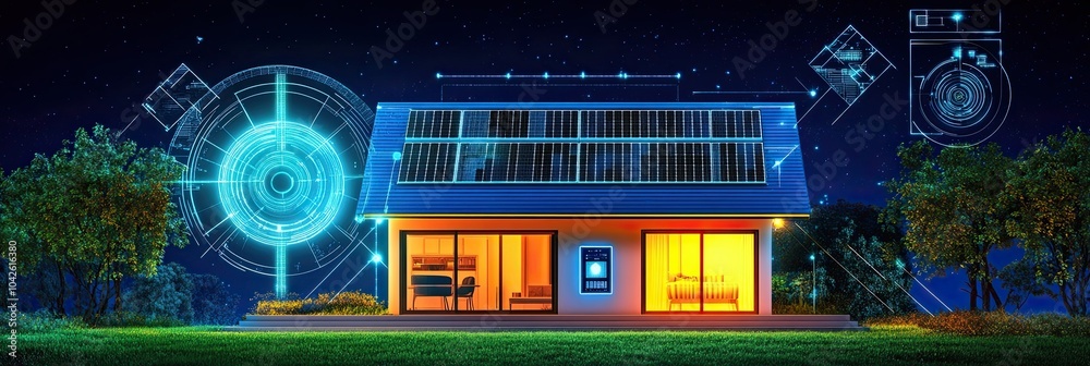 Obraz premium Modern Home with Digital Overlay and Solar Panels - Illustrated Ideal on a Beautiful Night