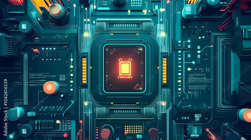 Futuristic Circuit Board with Glowing Processor Futuristic Circuit Board with Glowing Processor