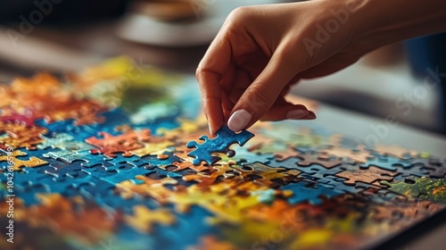 A hand placing a puzzle piece onto a colorful jigsaw puzzle.