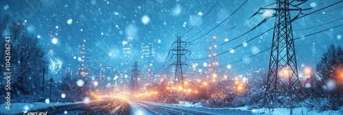 High Tension Power Lines in Winter with Bright City Street Lights - Power Grid on Line During Blizzard