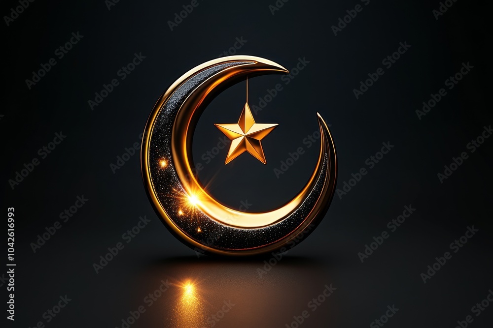Minimalist crescent moon and star, with simple, clean lines symbolizing Ramadan, set against a deep, calming background Minimalist crescent moon and star, with simple, clean lines symbolizing Ramadan, set against a deep, calming background