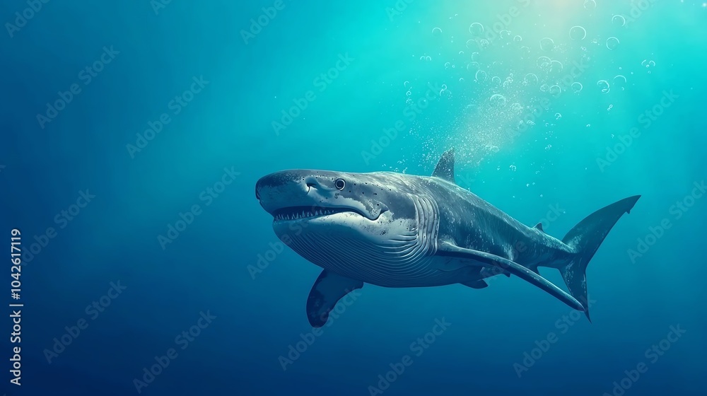 Fototapeta premium Cute whale shark squirting water gently, bubbles floating up, whale shark squirting water, soft and calming