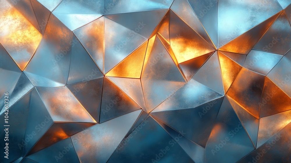 This artwork showcases a multifaceted arrangement of reflective surfaces in shades of blue and orange, creating a vibrant, geometric aesthetic that enhances the space.