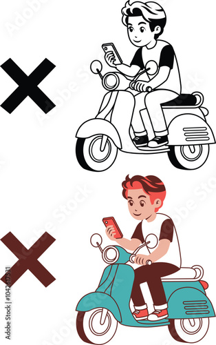 Young Boy Playing with Hand Phone Cellular while Riding Scooter Carelessly