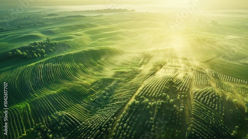 A panoramic view of a bioindustry-driven agriculture landscape, advanced irrigation systems, genetically modified crops thriving, sharp focus on the fields and machinery, natural sunlight photo