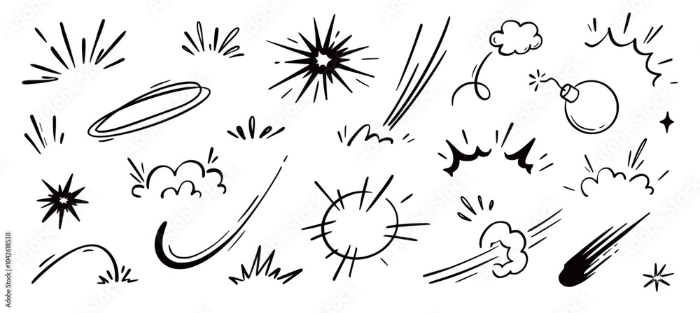 Fototapeta premium Comic cartoon boom speed effect, explosive motion line element set. Comic boom burst, explosive smoke, line speed cartoon vector icon. Hand drawn sketch doodle action effect. Vector illustration..