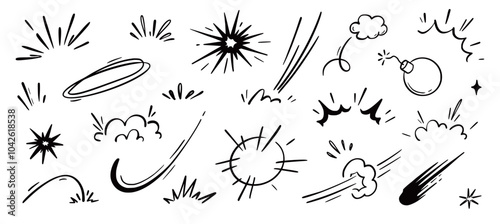 Comic cartoon boom speed effect, explosive motion line element set. Comic boom burst, explosive smoke, line speed cartoon vector icon. Hand drawn sketch doodle action effect. Vector illustration..