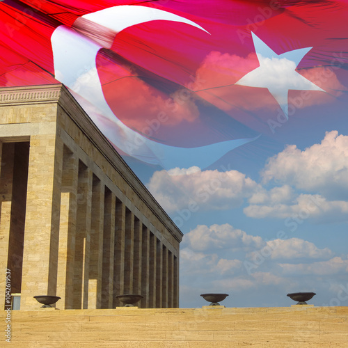 Turkish Flag with Anitkabir . 10 Kasim or 10 november memorial day of Ataturk