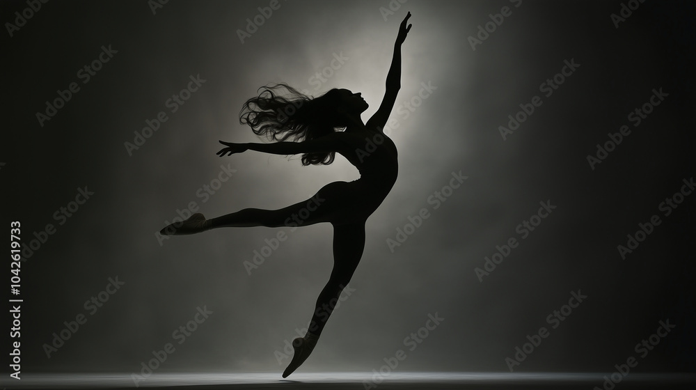 Ballerina Leaps while dancing in Silhouette Against Gray