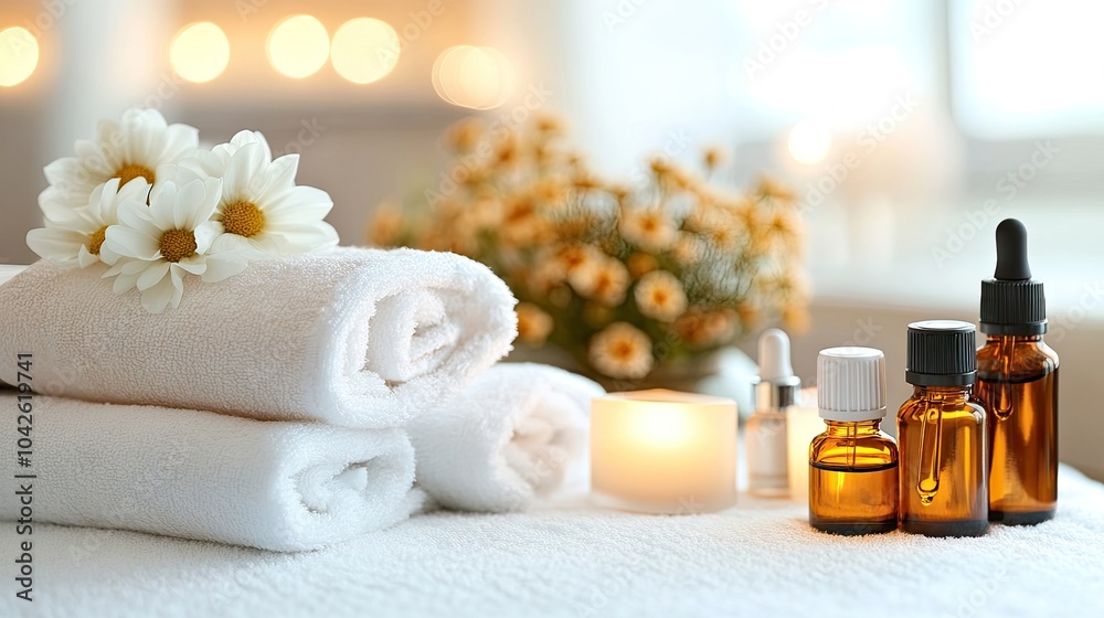 Relaxing Spa Setup with Essential Oils and Towels Relaxing Spa Setup with Essential Oils and Towels
