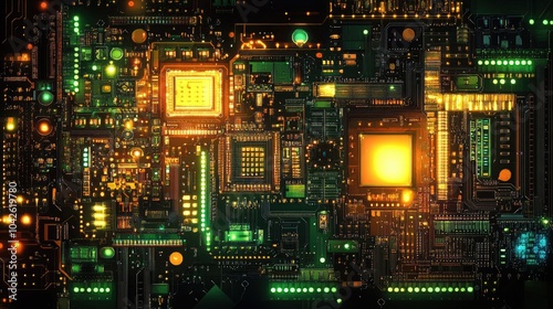 Abstract Circuit Board with Glowing Elements