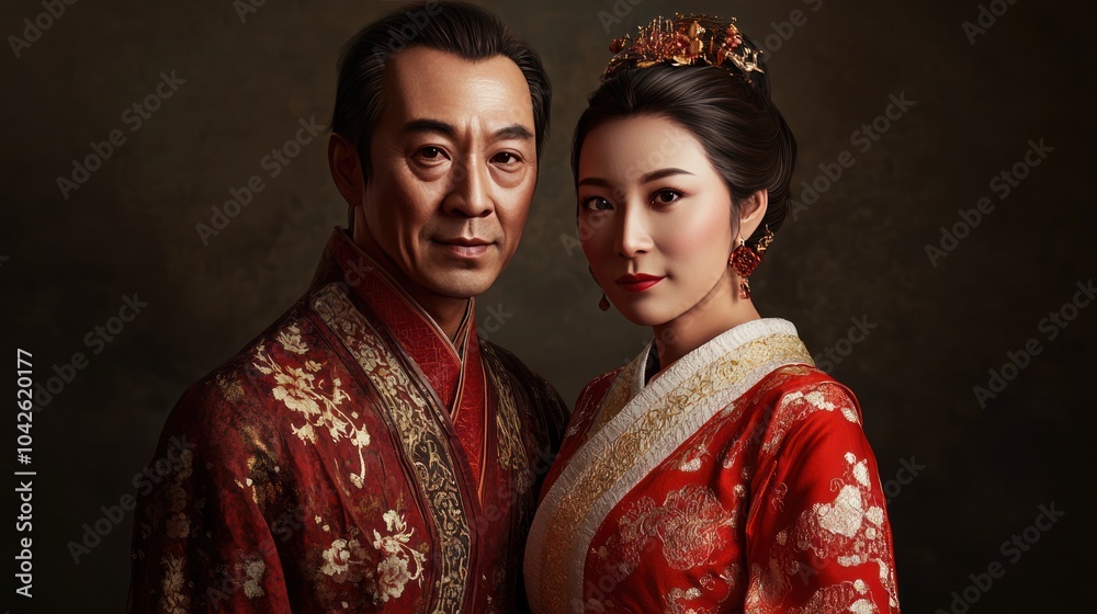 An Asian couple posing for a formal portrait, completely isolated background, highly realistic details, lifelike facial expressions, detailed traditional attire, 32K resolution An Asian couple posing for a formal portrait, completely isolated background, highly realistic details, lifelike facial expressions, detailed traditional attire, 32K resolution