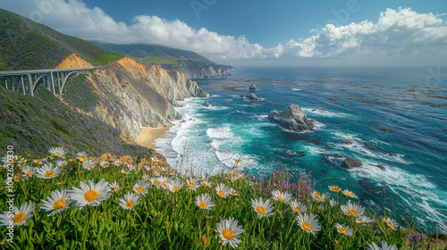 Big Sur Coastline with Bridge and Wildflowers