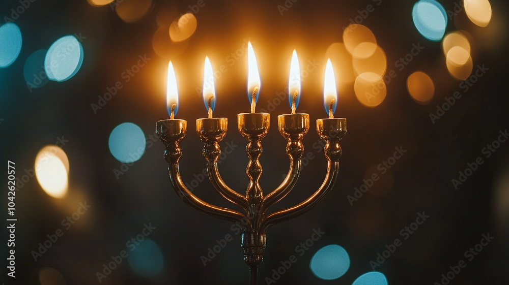 Fototapeta premium Menorah lit during Hanukkah celebration with glowing candles and festive lights in the background