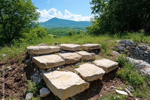 Roman temple foundation in Sepino, with ancient stones and column bases set against the backdrop of the Italian countryside photo