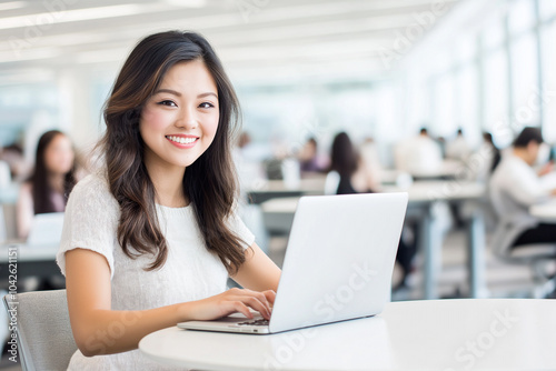 Confident young Asian woman using laptop computer in office workspace Free Download Confident young Asian woman using laptop computer in office workspace - GFXLoad