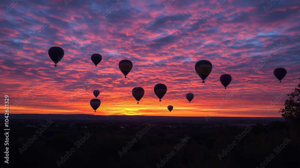Naklejka premium Balloon Silhouettes in Sky against sunset and beautiful cloudy sky