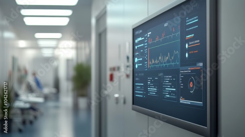 A digital display shows data analytics in a modern medical facility corridor, highlighting advanced technology and health monitoring systems.