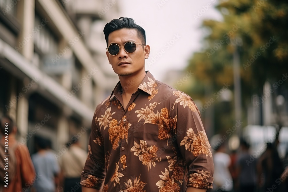 Handsome young Asian man in floral shirt and sunglasses on the street Handsome young Asian man in floral shirt and sunglasses on the street