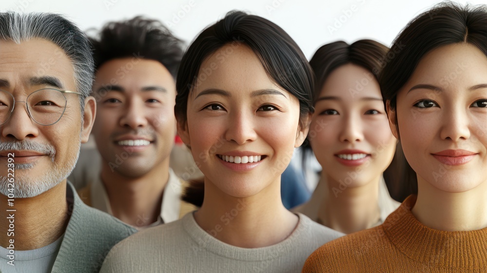 Close-up of a diverse group of Asian individuals in casual wear, smiling and interacting, isolated white background, highly detailed skin textures, lifelike expressions. Close-up of a diverse group of Asian individuals in casual wear, smiling and interacting, isolated white background, highly detailed skin textures, lifelike expressions.