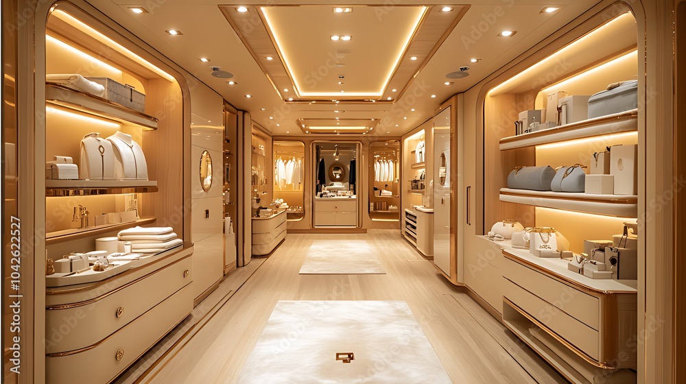 Obraz premium A modern and luxurious walk-in closet with warm lighting, beige walls, and wooden floors. There are shelves and drawers filled with designer clothes and accessories.