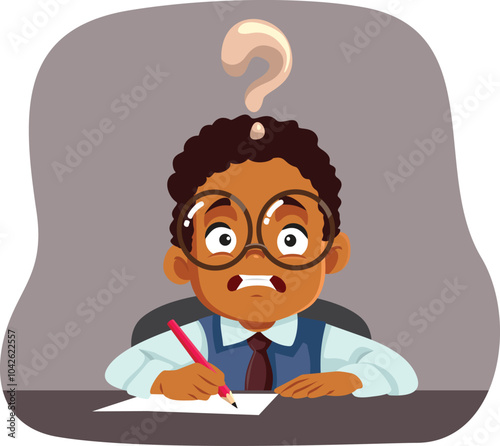 Clueless Student Trying to Complete a Test Vector Illustration. Stressed schoolboy feeling puzzled and in doubt 

