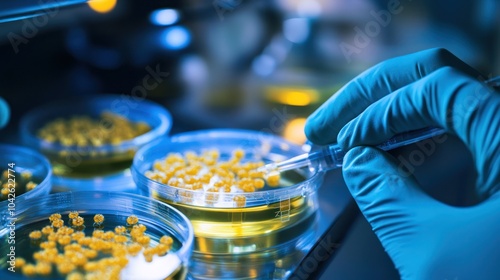 Close-up of bioengineers monitoring fermentation processes in a high-tech bioindustry lab, ultra-detailed instruments and microbial cultures.