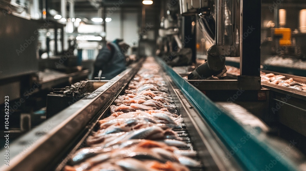 Fish Processing Plant Conveyor Belt with Fresh Fish Fish Processing Plant Conveyor Belt with Fresh Fish