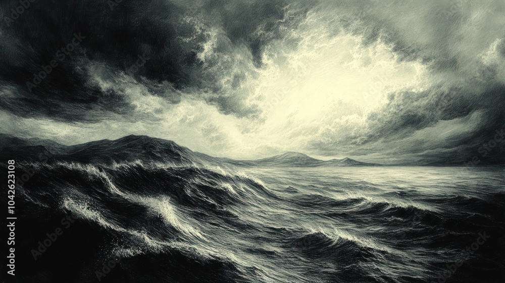 Fototapeta premium A dramatic seascape with a stormy sky, a distant horizon, and a bright light in the clouds.