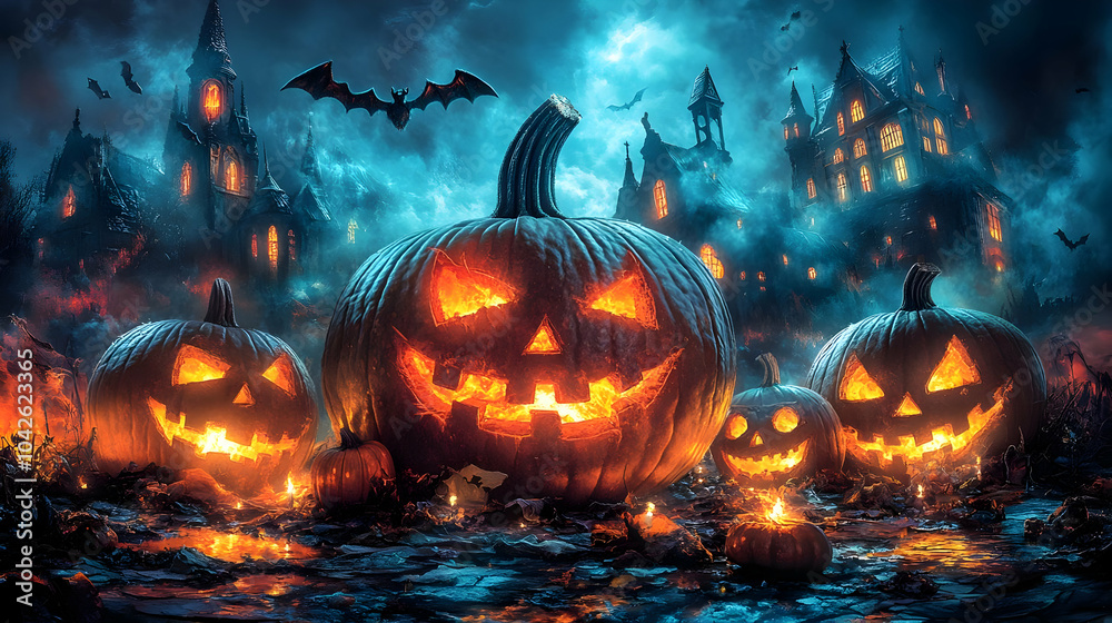Fototapeta premium Halloween Pumpkins in a Spooky Night Illustration