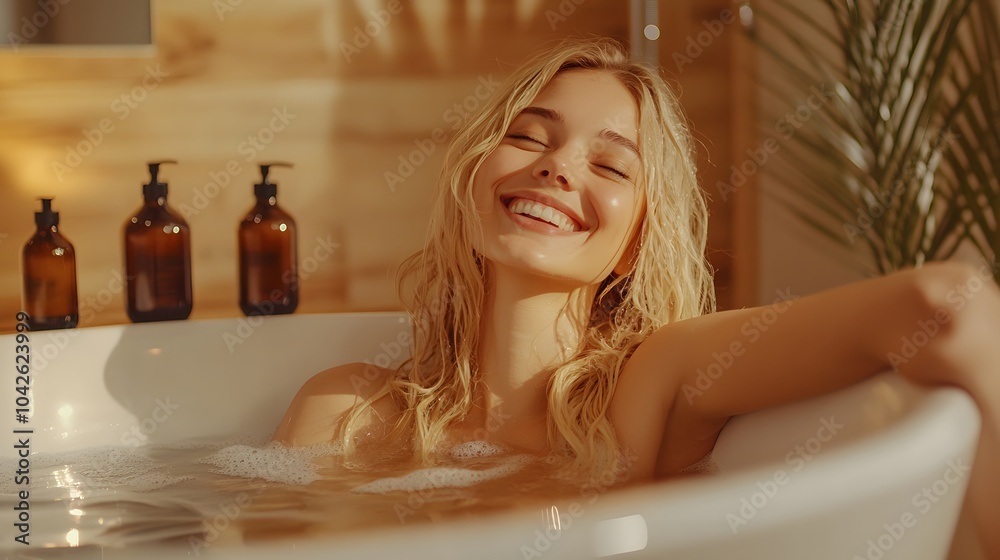 Obraz premium Beautiful blond woman relaxing in bathtub. 