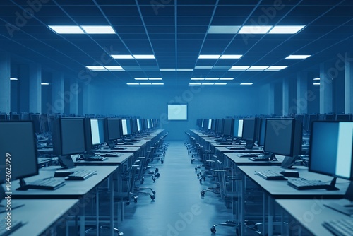 Computer Lab Interior Design: Rows of Desktops in a Blue Lit Room photo