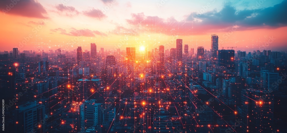 City skyline at sunset with glowing red lines connecting buildings. City skyline at sunset with glowing red lines connecting buildings.