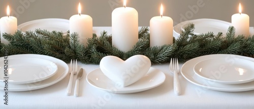 Elegant dinner table setting with candles and heart-shaped decoration on a white tablecloth. photo