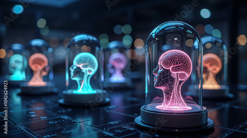 Neon brain sculptures illuminated under glass domes in a modern exhibit in a dimly lit gallery photo